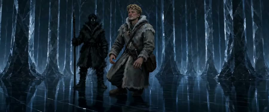 Deux personnages dans une forêt de glace