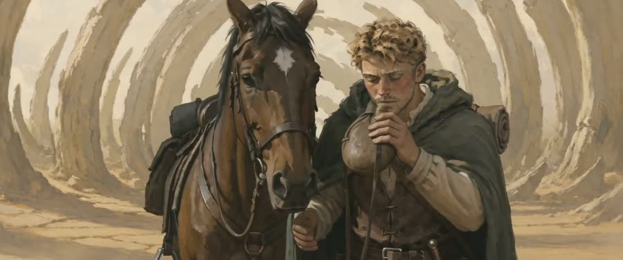 Personnage et cheval dans une tempête